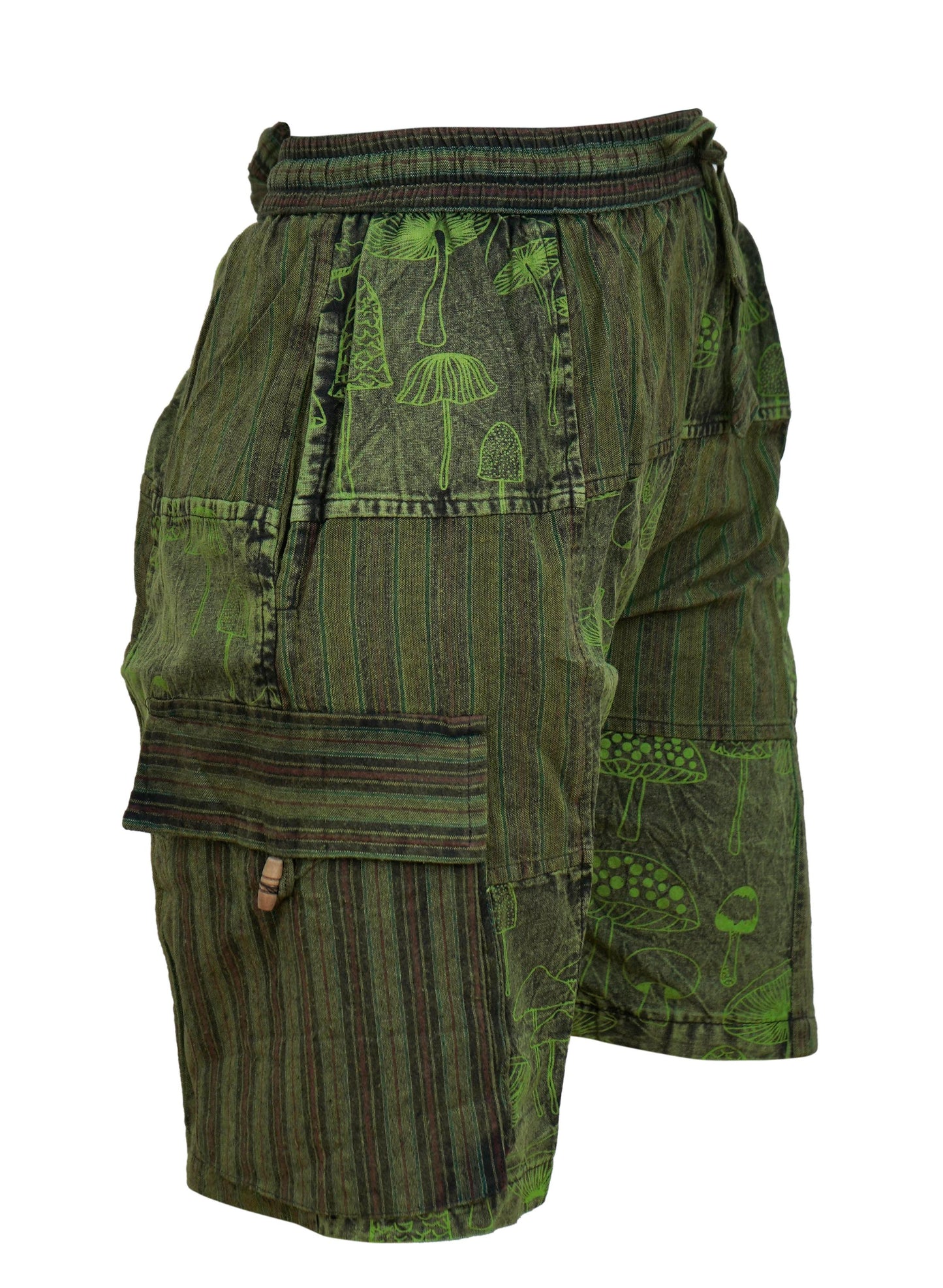MENS PATCHWORK MUSHROOM PRINT HIPPIE BOHO CARGO SHORTS WITH POCKETS