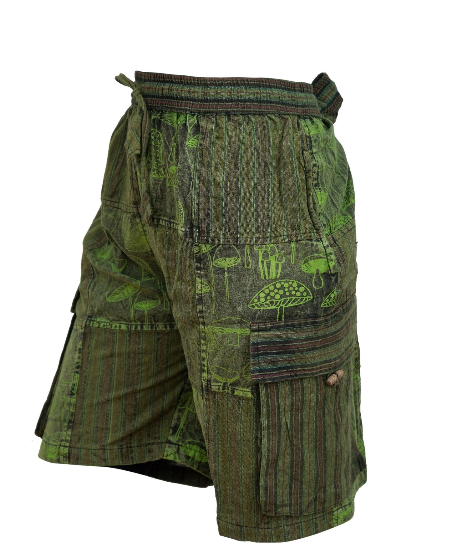 MENS PATCHWORK MUSHROOM PRINT HIPPIE BOHO CARGO SHORTS WITH POCKETS