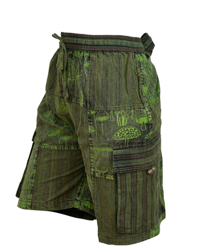 MENS PATCHWORK MUSHROOM PRINT HIPPIE BOHO CARGO SHORTS WITH POCKETS