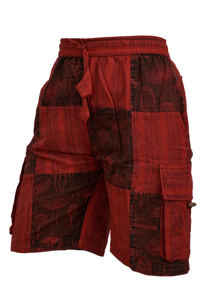 MENS PATCHWORK MUSHROOM PRINT HIPPIE BOHO CARGO SHORTS WITH POCKETS