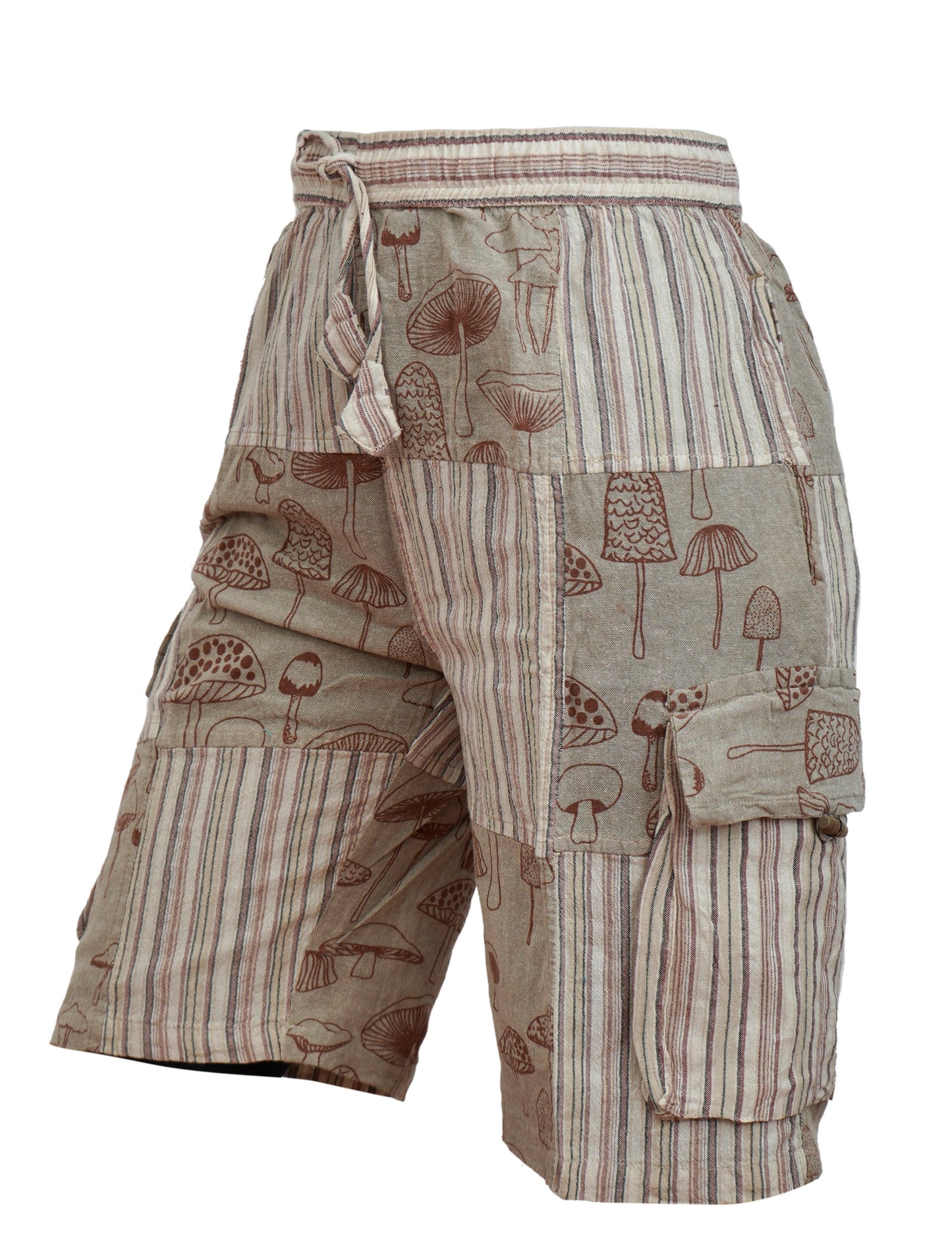 MENS PATCHWORK MUSHROOM PRINT HIPPIE BOHO CARGO SHORTS WITH POCKETS