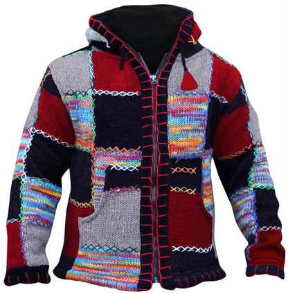Men Double Knitted Woollen Hippie Hoodie Jacket with Fleece Lining and Vibrant Patchwork