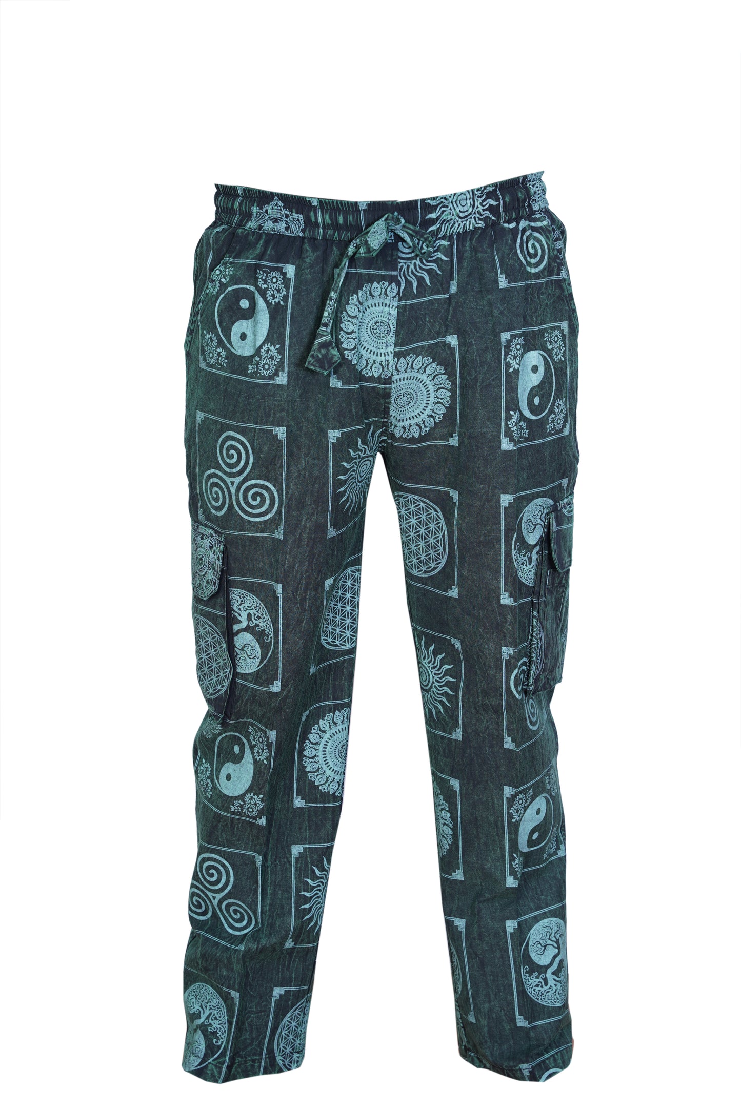 Men's Stone Washed Elastic Waist Boho Spiritual Print Festival Cotton Cargo Trousers
