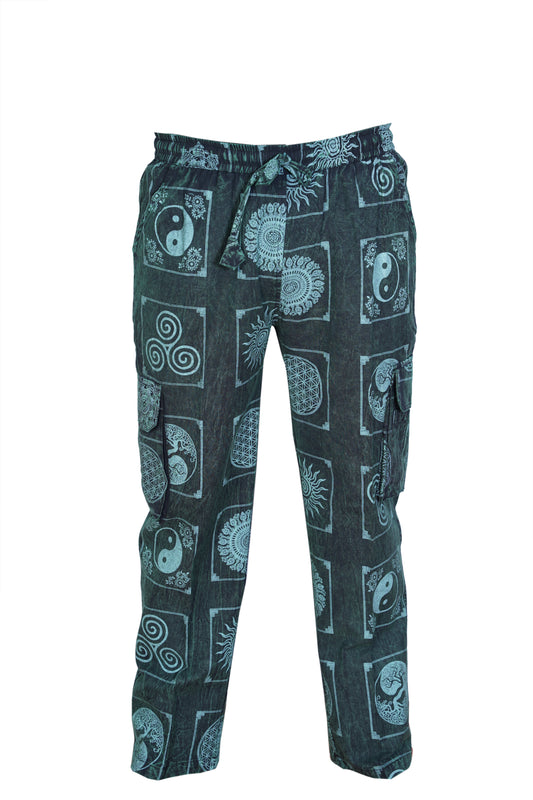 Men's Stone Washed Elastic Waist Boho Spiritual Print Festival Cotton Cargo Trousers
