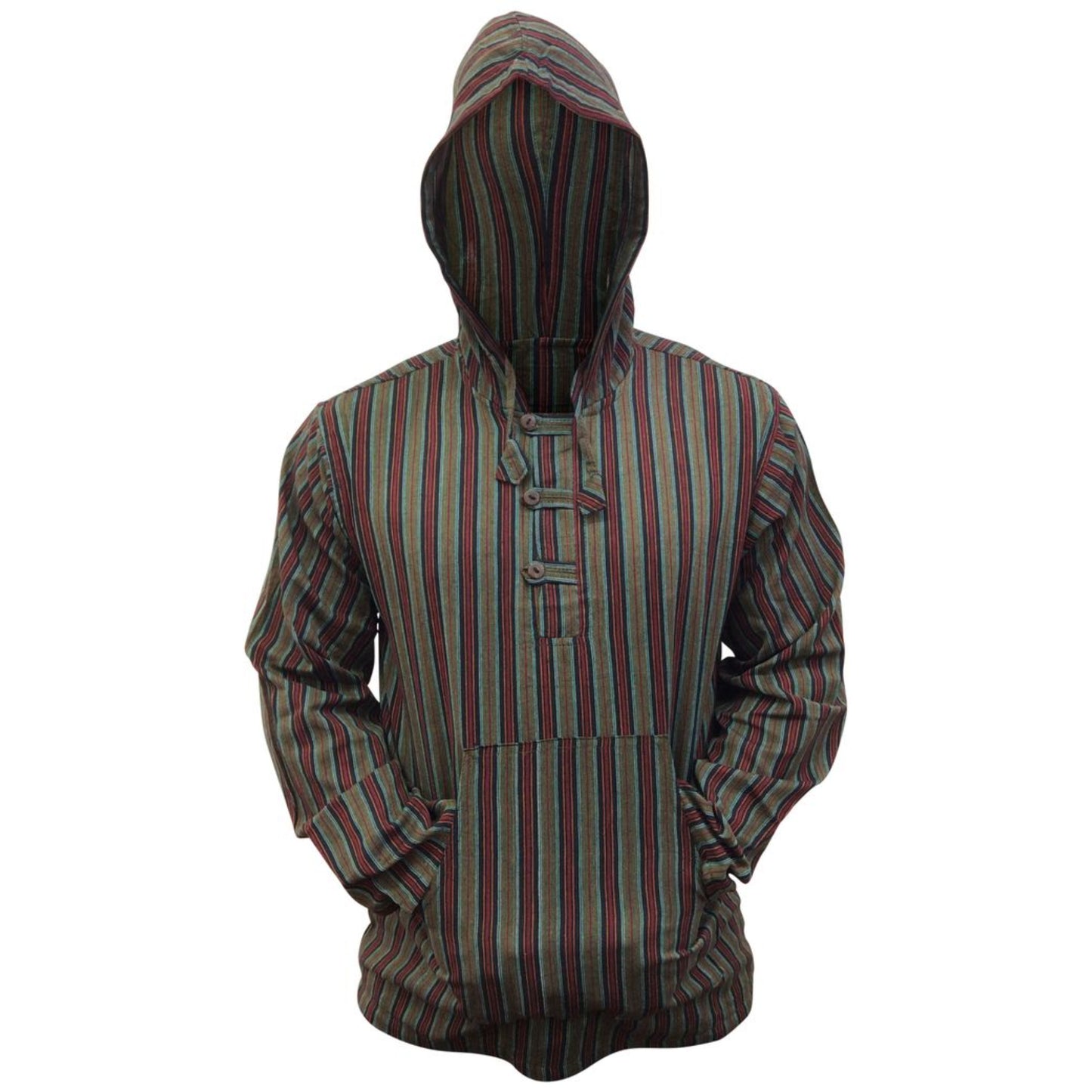 MEN LIGHTWEIGHT MULTICOLOUR DHARKE STRIPE GRANDAD HOODIE SHIRT