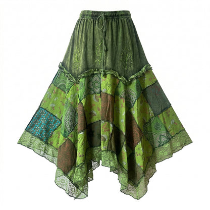Women’s Cotton Boho Patchwork Floral Print Lace Trim Detail Hippie Maxi Skirt