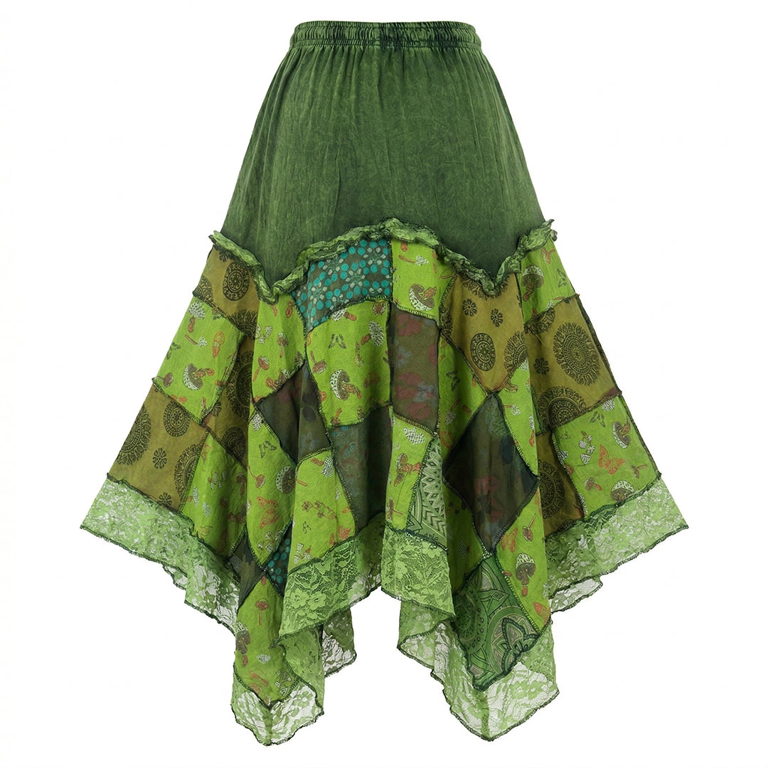 Women’s Cotton Boho Patchwork Floral Print Lace Trim Detail Hippie Maxi Skirt