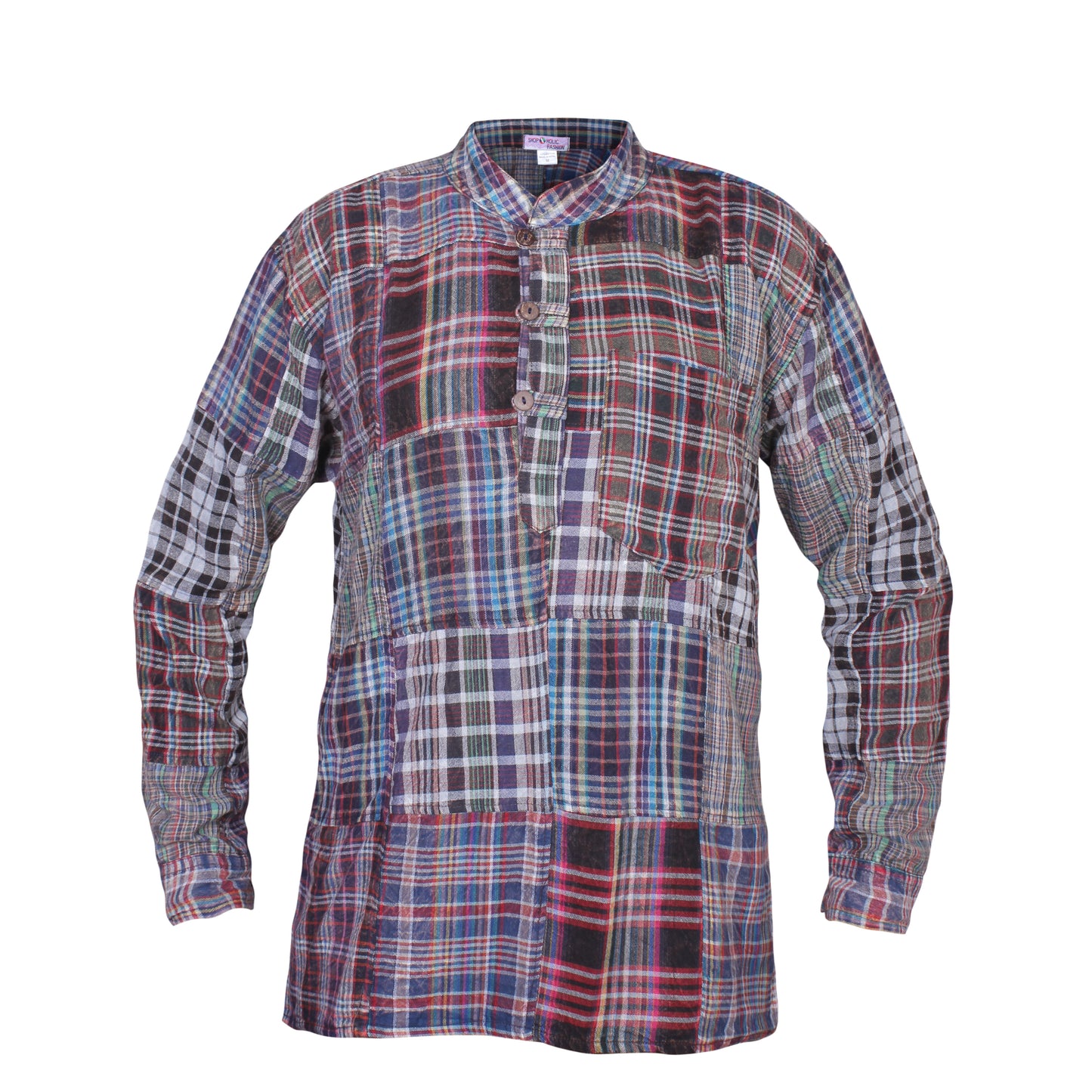 Men's Patchwork Casual  Button Down Kurta Checkered Cotton Hippie Grandad Shirts