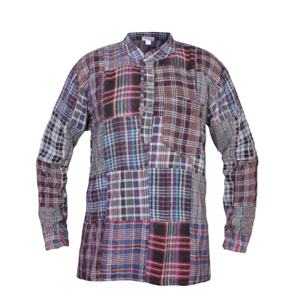 Men's Patchwork Casual  Button Down Kurta Checkered Cotton Hippie Grandad Shirts