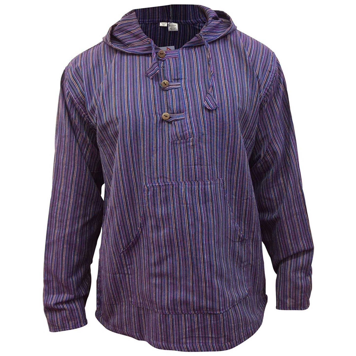 MEN LIGHTWEIGHT MULTICOLOUR DHARKE STRIPE GRANDAD HOODIE SHIRT