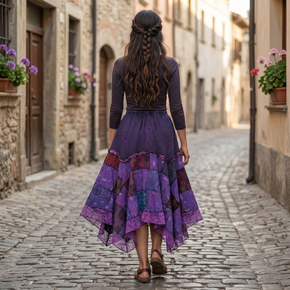 Women’s Cotton Boho Patchwork Floral Print Lace Trim Detail Hippie Maxi Skirt