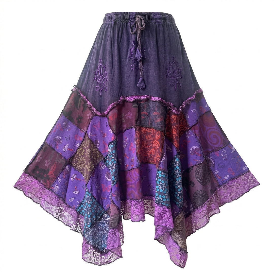 Women’s Cotton Boho Patchwork Floral Print Lace Trim Detail Hippie Maxi Skirt