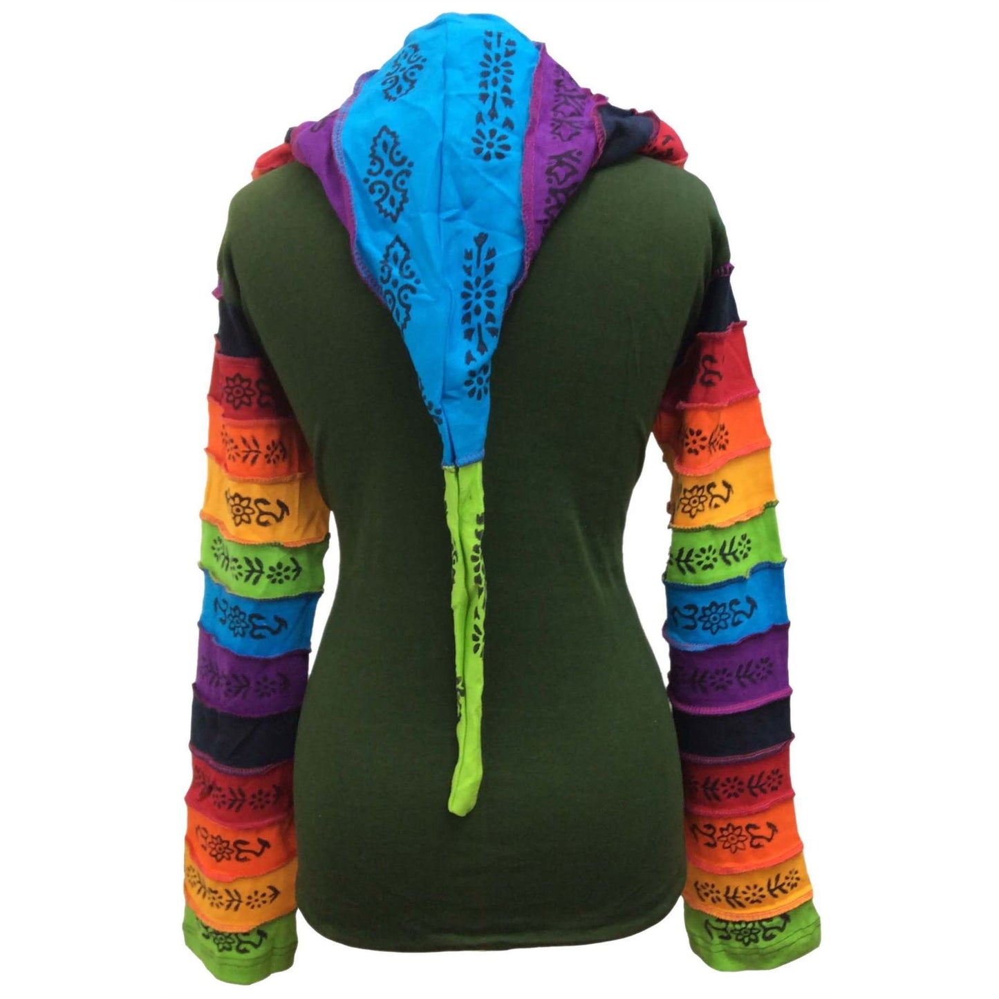 WOMEN RAINBOW FLOWER PATCH LONG SLEEVE HIPPIE PIXIE HOODIE JACKET