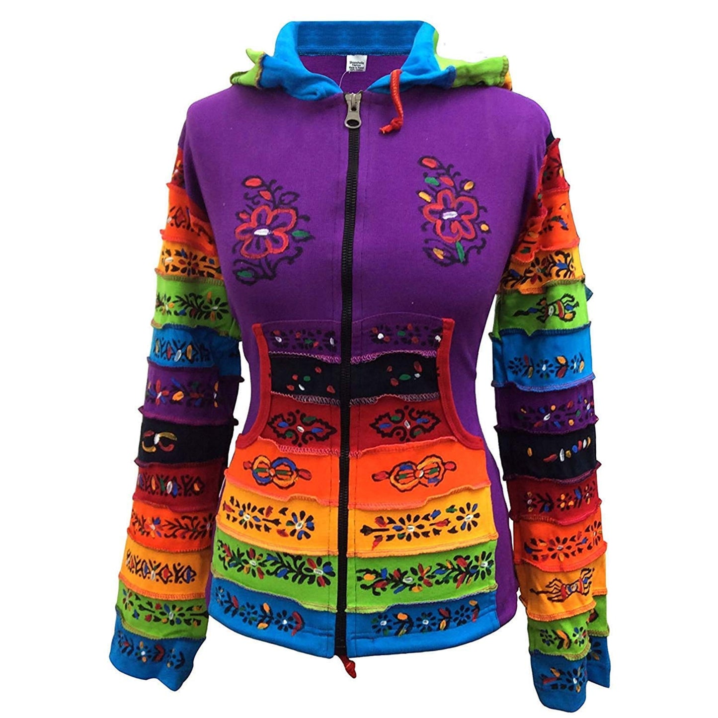 WOMEN RAINBOW FLOWER PATCH LONG SLEEVE HIPPIE PIXIE HOODIE JACKET