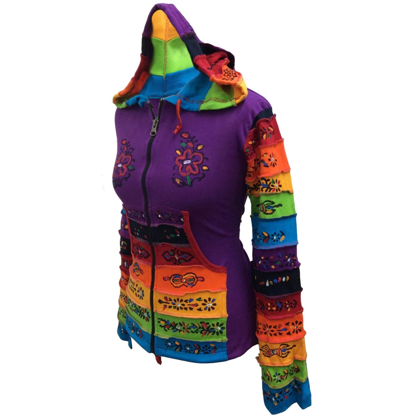 WOMEN RAINBOW FLOWER PATCH LONG SLEEVE HIPPIE PIXIE HOODIE JACKET