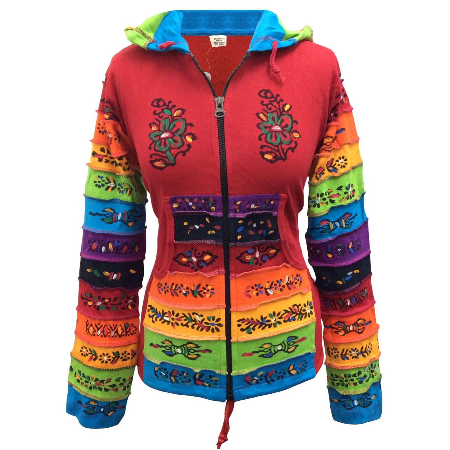WOMEN RAINBOW FLOWER PATCH LONG SLEEVE HIPPIE PIXIE HOODIE JACKET