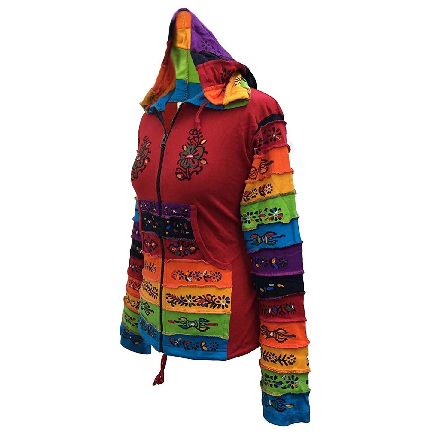 WOMEN RAINBOW FLOWER PATCH LONG SLEEVE HIPPIE PIXIE HOODIE JACKET