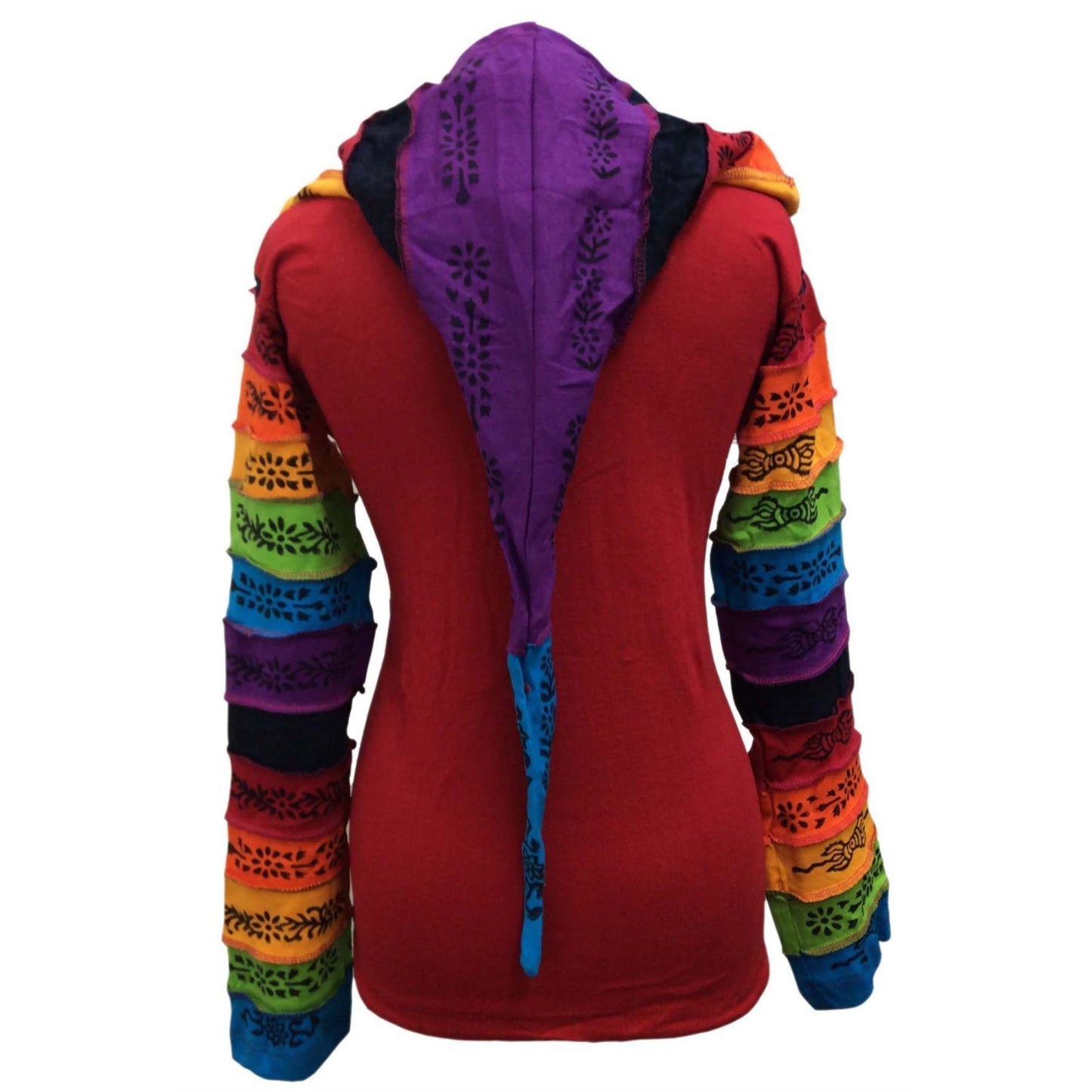 WOMEN RAINBOW FLOWER PATCH LONG SLEEVE HIPPIE PIXIE HOODIE JACKET
