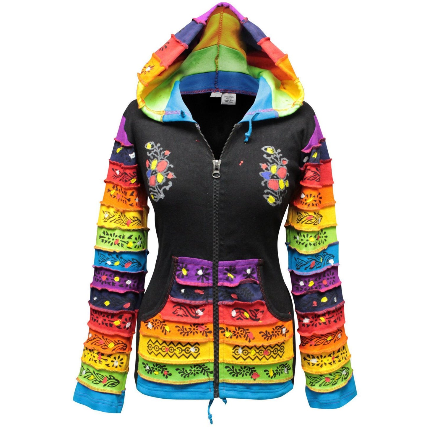 WOMEN RAINBOW FLOWER PATCH LONG SLEEVE HIPPIE PIXIE HOODIE JACKET