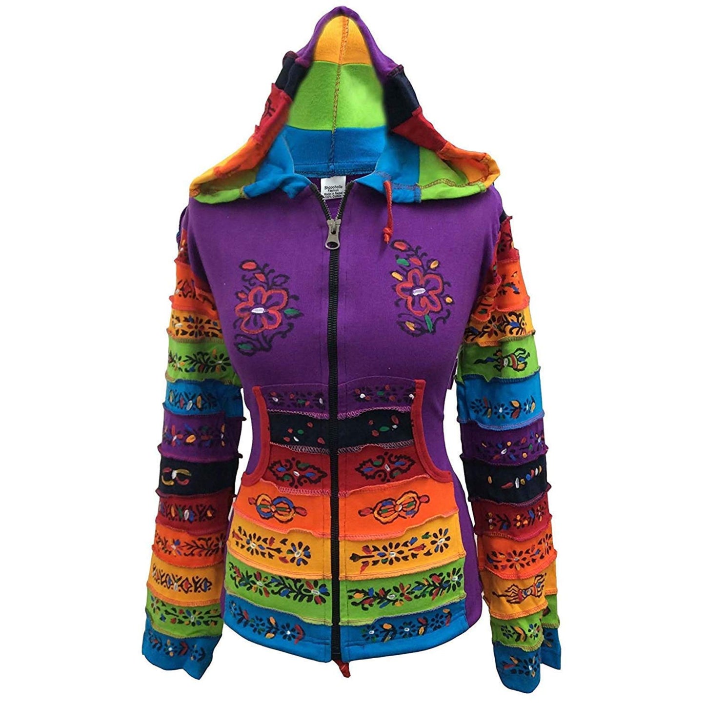 WOMEN RAINBOW FLOWER PATCH LONG SLEEVE HIPPIE PIXIE HOODIE JACKET