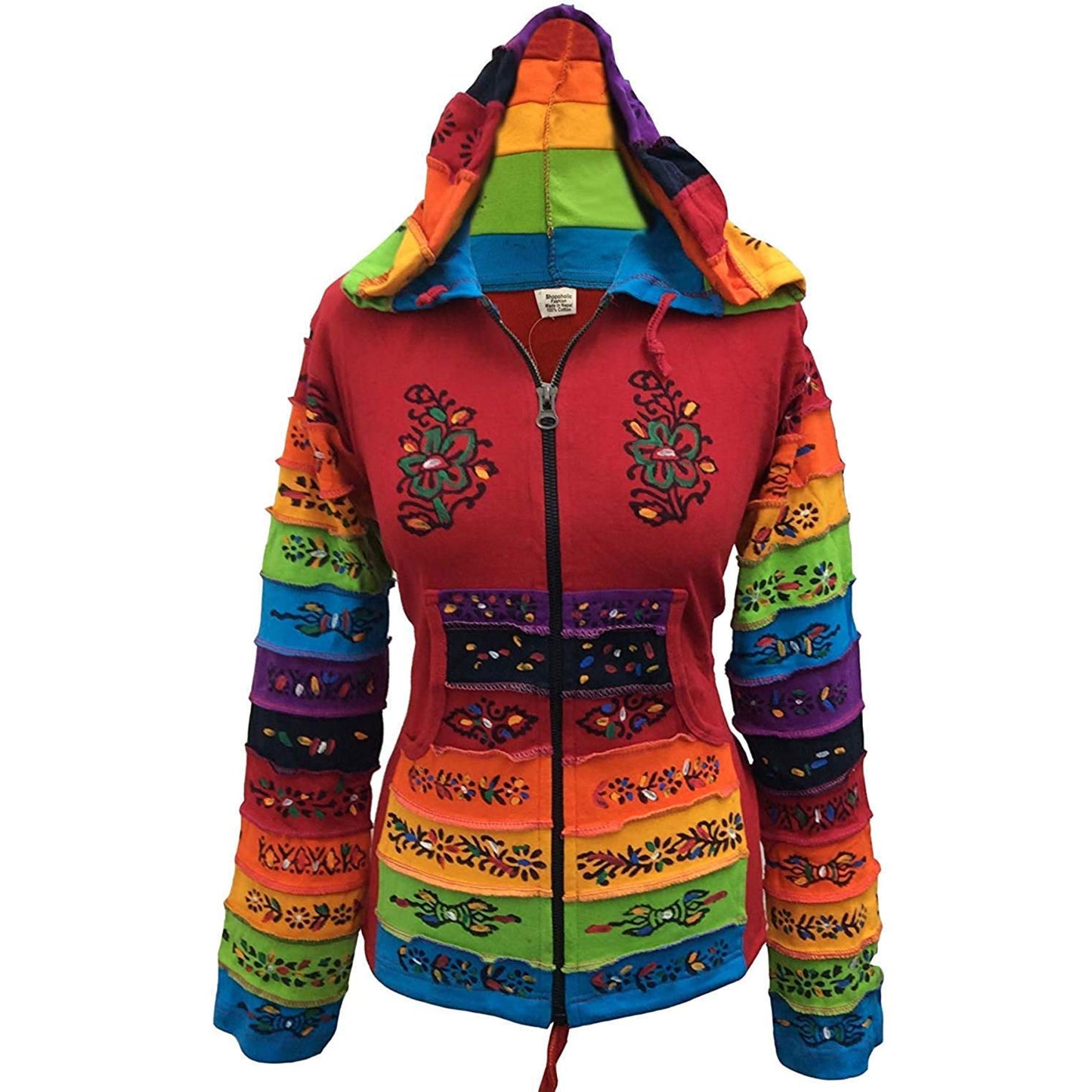 WOMEN RAINBOW FLOWER PATCH LONG SLEEVE HIPPIE PIXIE HOODIE JACKET