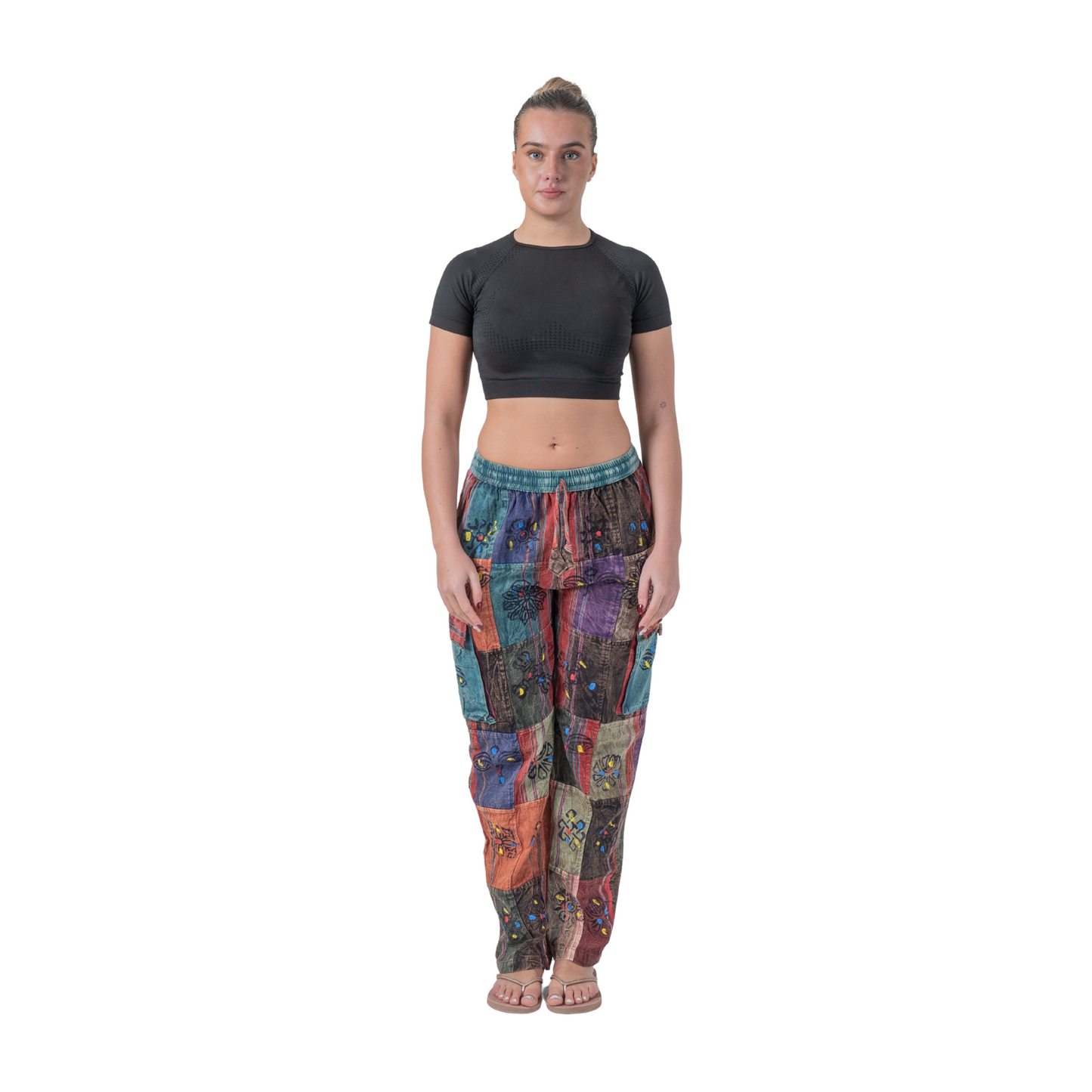 Unisex Hippie Patchwork Cargo Pants Elastic Waist Boho Festival Trousers