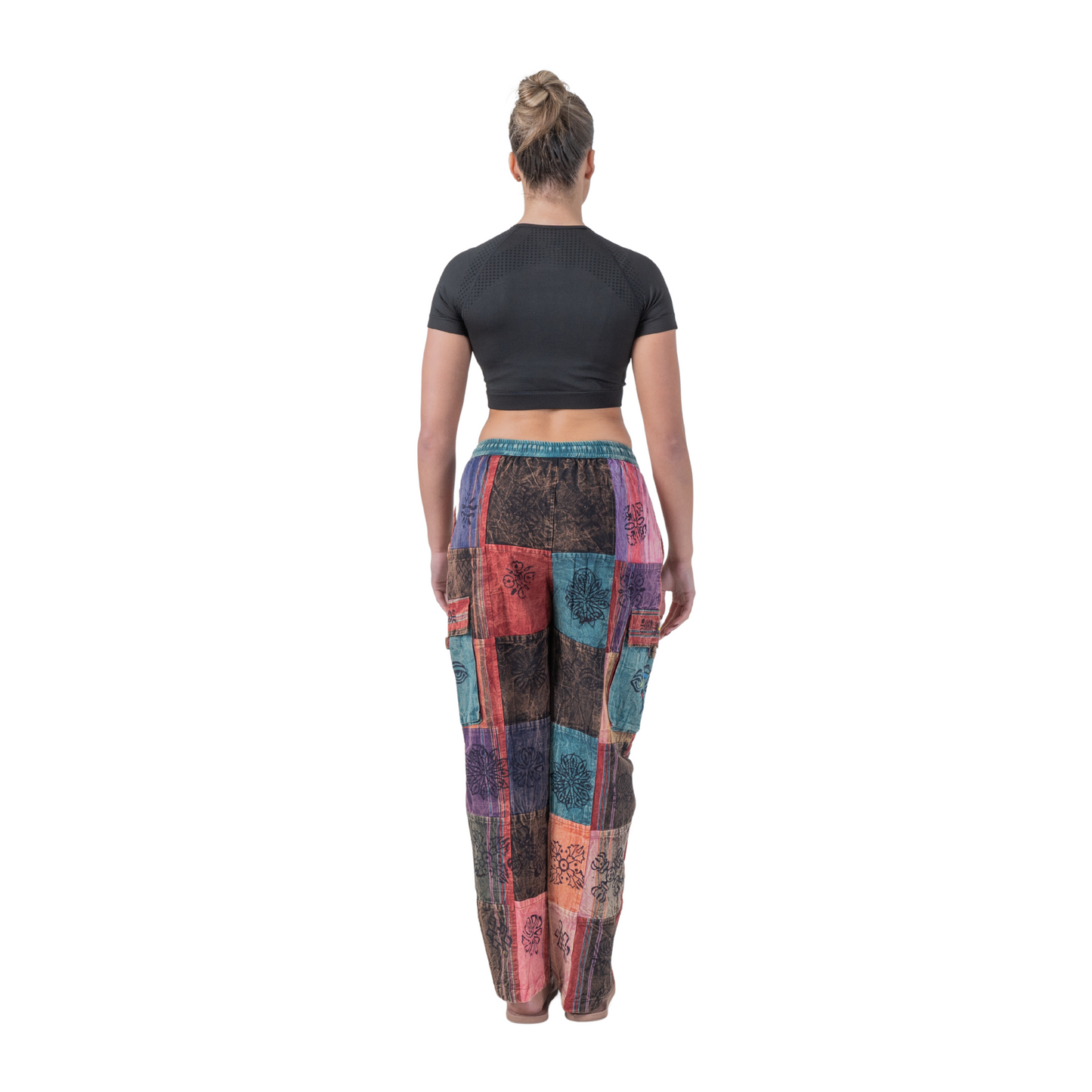 Unisex Hippie Patchwork Cargo Pants Elastic Waist Boho Festival Trousers