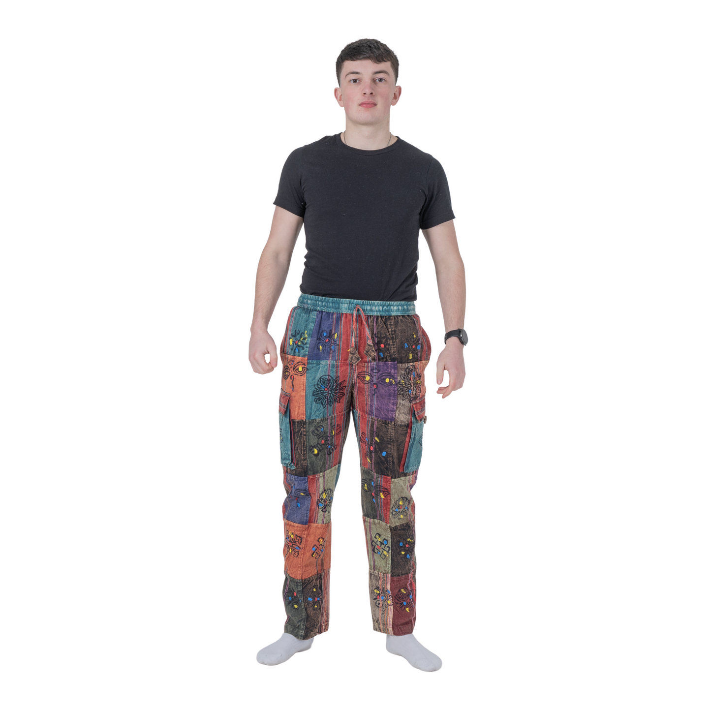 Unisex Hippie Patchwork Cargo Pants Elastic Waist Boho Festival Trousers