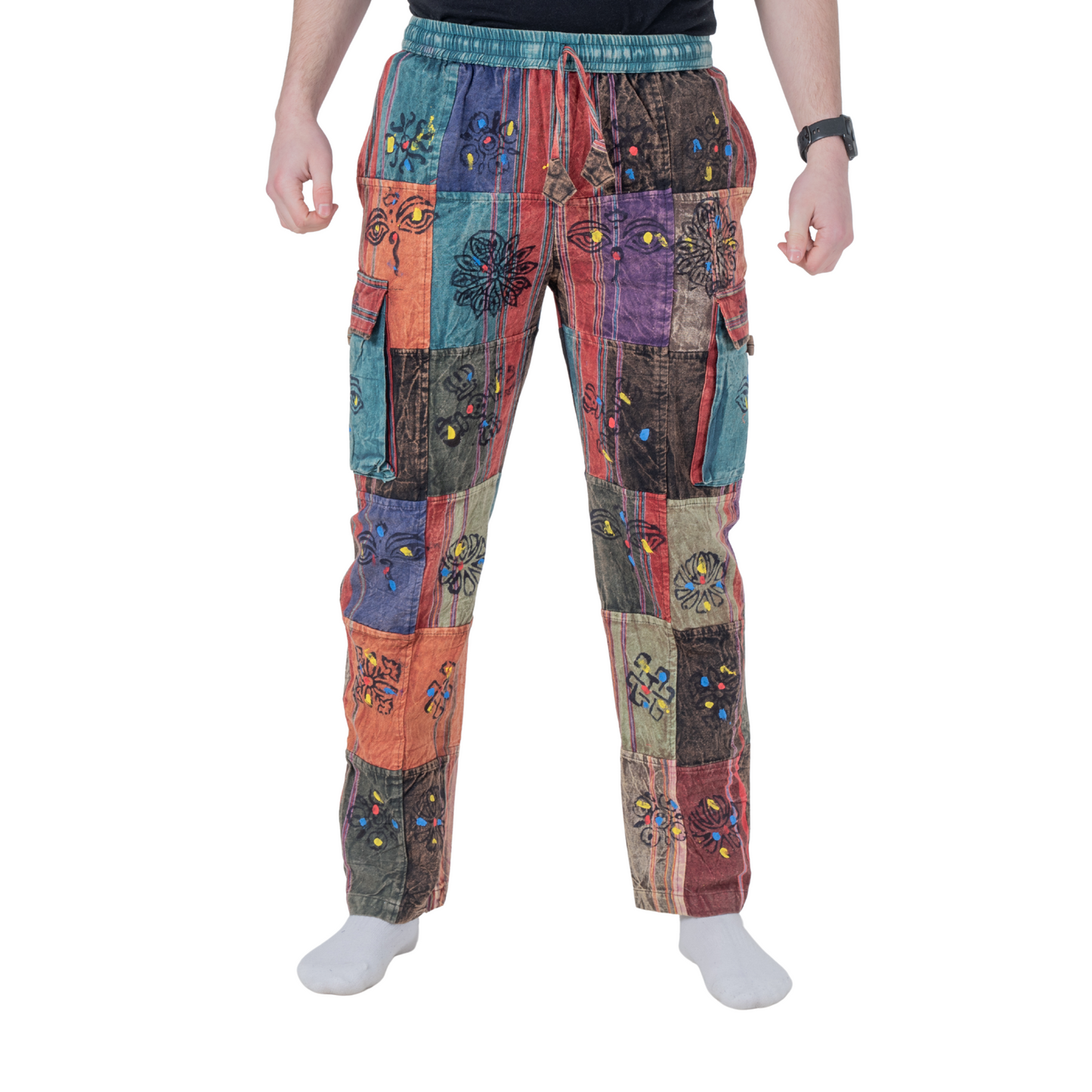 Unisex Hippie Patchwork Cargo Pants Elastic Waist Boho Festival Trousers
