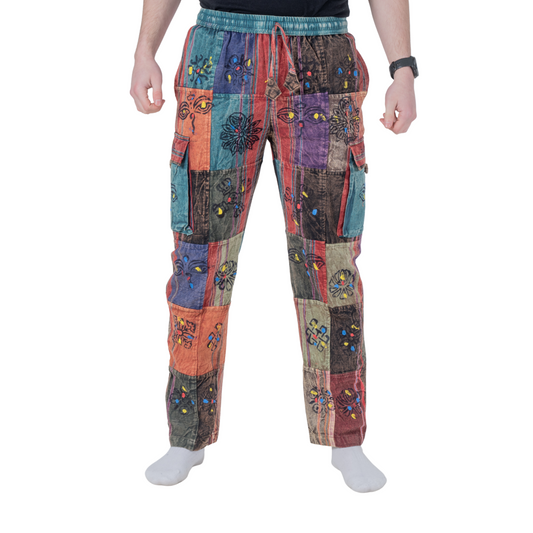Unisex Hippie Patchwork Cargo Pants Elastic Waist Boho Festival Trousers