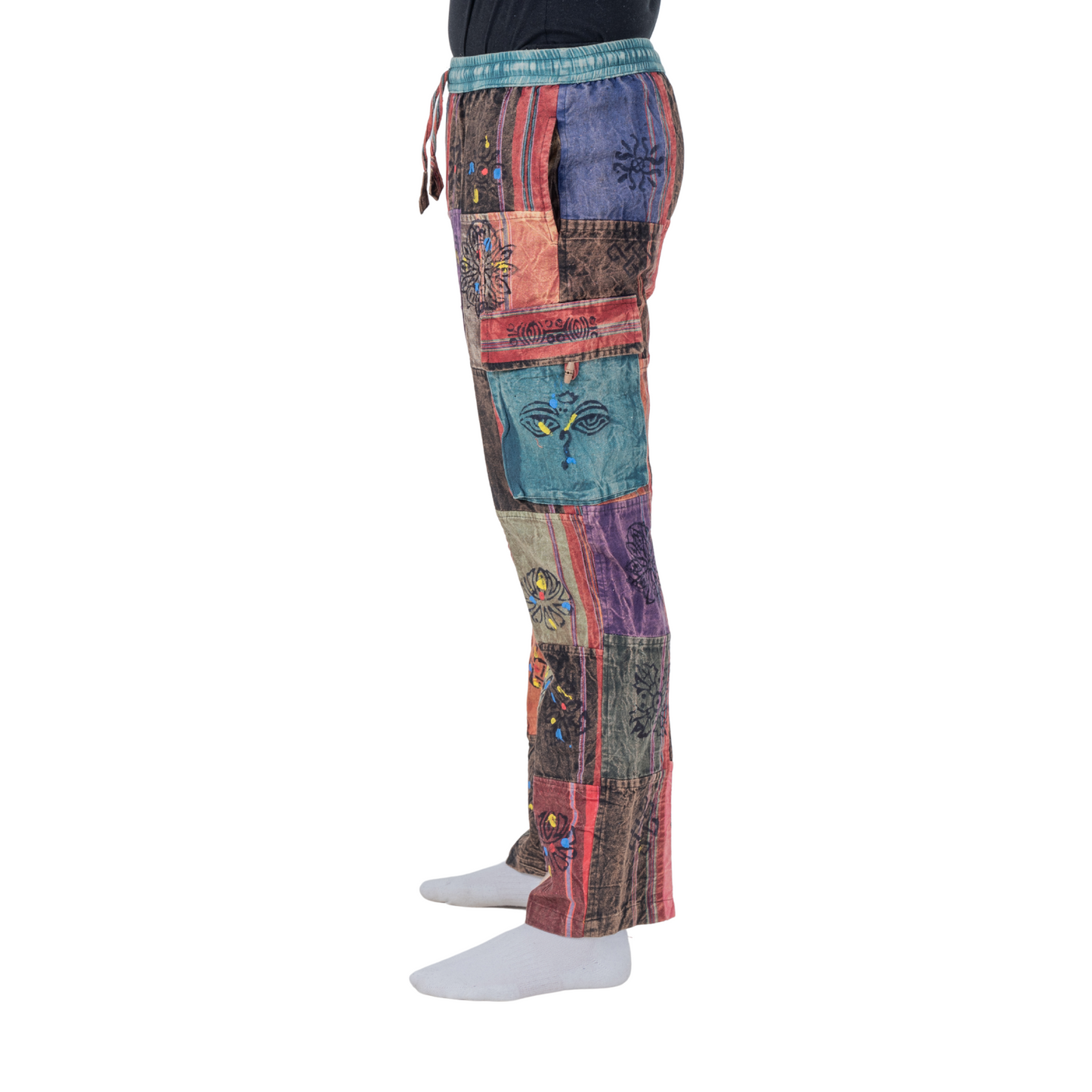 Unisex Hippie Patchwork Cargo Pants Elastic Waist Boho Festival Trousers