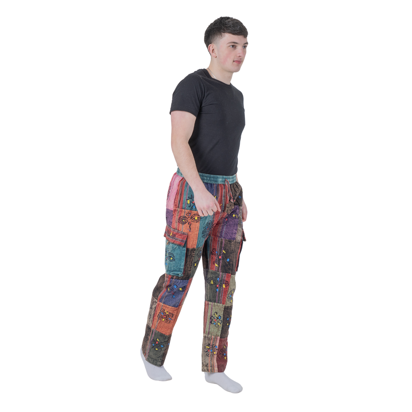 Unisex Hippie Patchwork Cargo Pants Elastic Waist Boho Festival Trousers