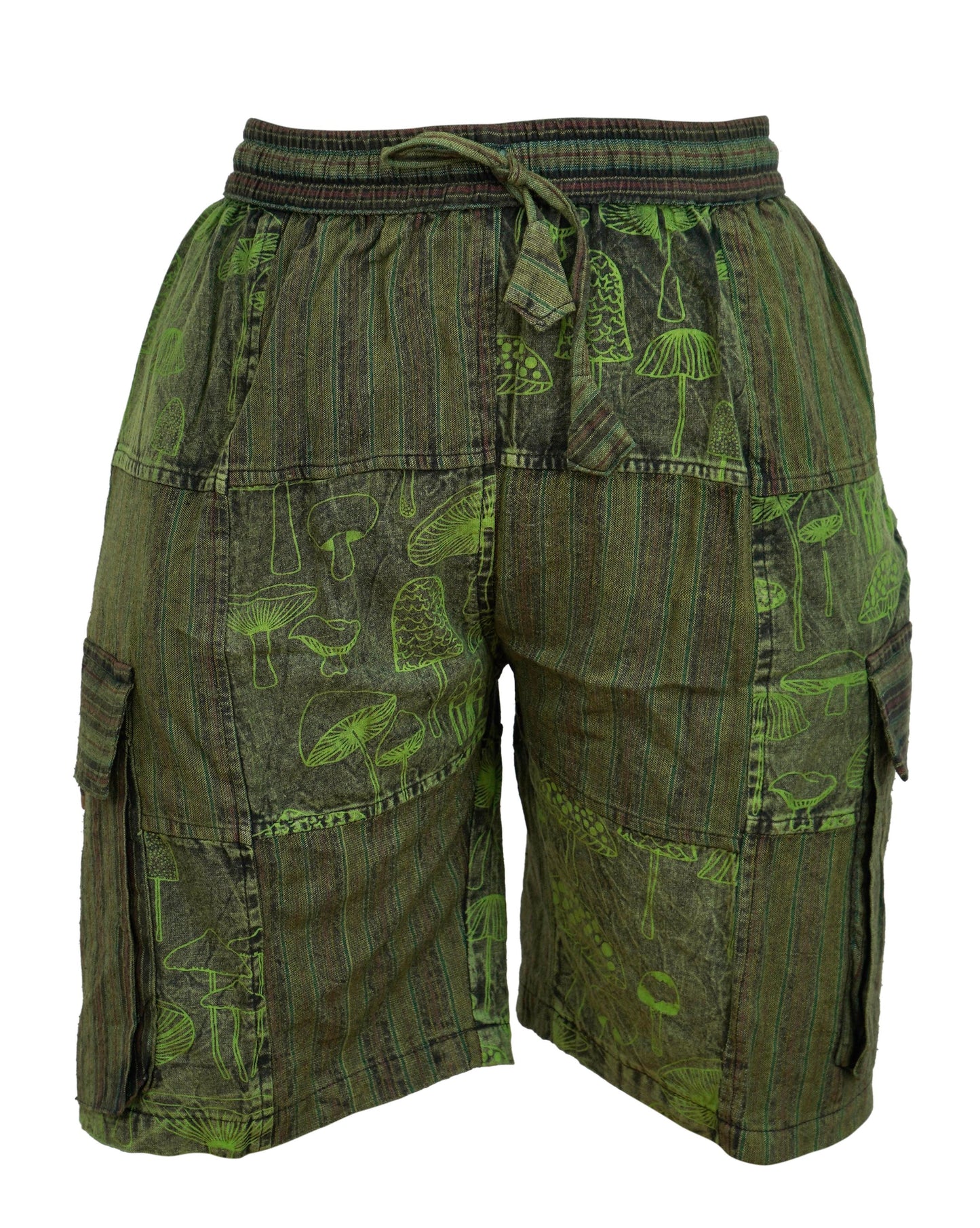 MENS PATCHWORK MUSHROOM PRINT HIPPIE BOHO CARGO SHORTS WITH POCKETS