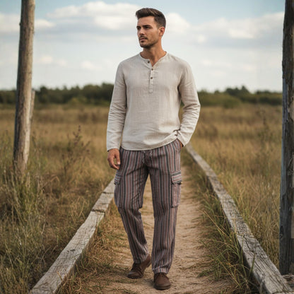 Men Stripes Wide Leg Hippie Multicolour Boho Festival Cargo Trousers, Casual Combat Pants