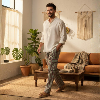 Men Stripes Wide Leg Hippie Multicolour Boho Festival Cargo Trousers, Casual Combat Pants