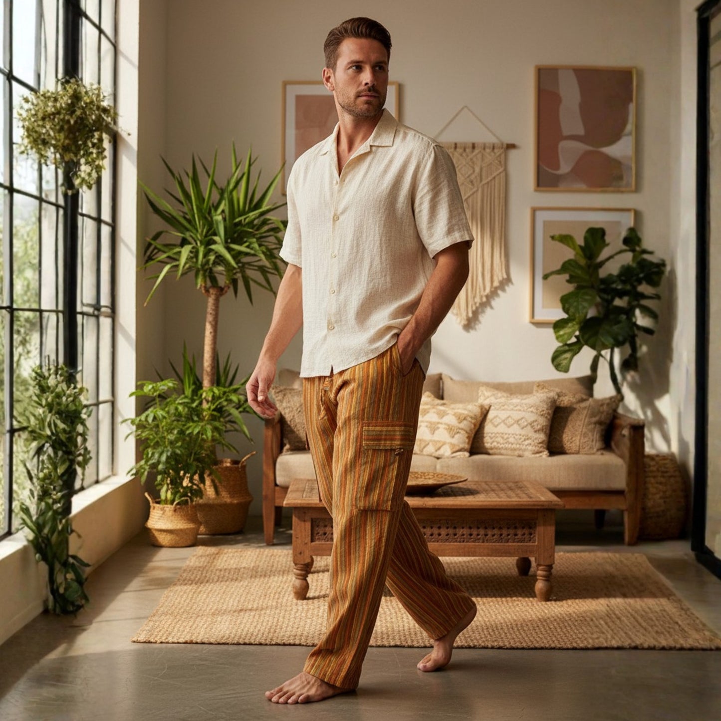 Men Stripes Wide Leg Hippie Multicolour Boho Festival Cargo Trousers, Casual Combat Pants
