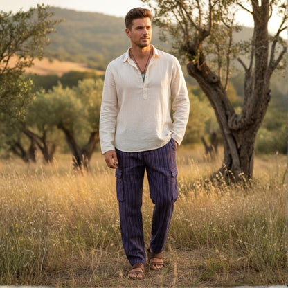 Men Stripes Wide Leg Hippie Multicolour Boho Festival Cargo Trousers, Casual Combat Pants