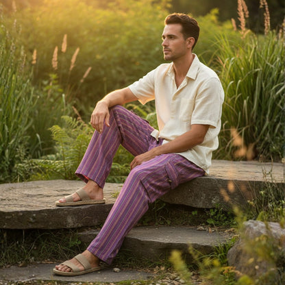 Men Stripes Wide Leg Hippie Multicolour Boho Festival Cargo Trousers, Casual Combat Pants