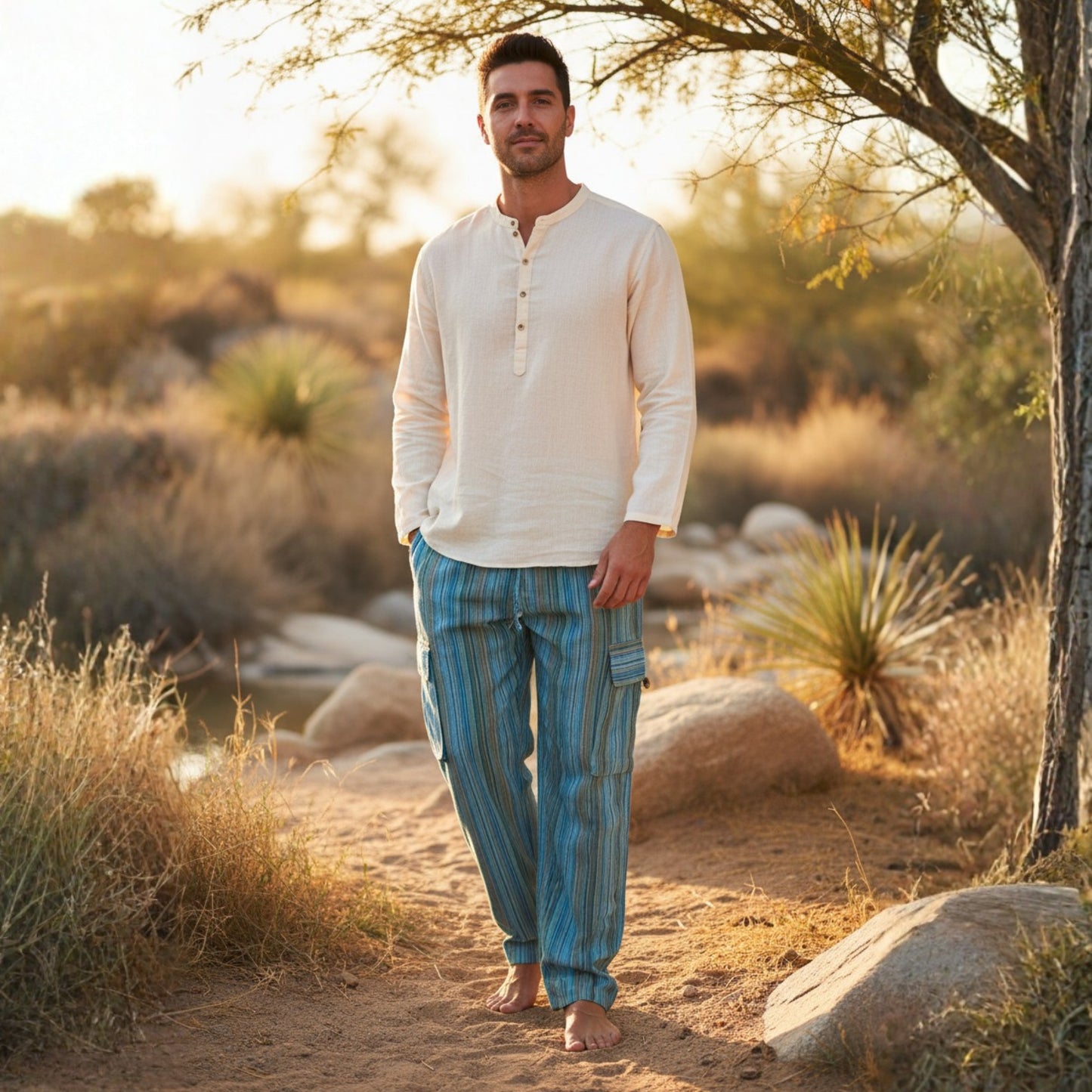 Men Stripes Wide Leg Hippie Multicolour Boho Festival Cargo Trousers, Casual Combat Pants