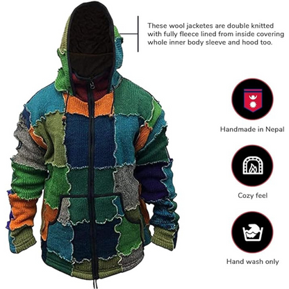 Mens Pixie Wool Hooded Outstich Jacket, Nepalese Hand Made Super Cosy Sweatshirt