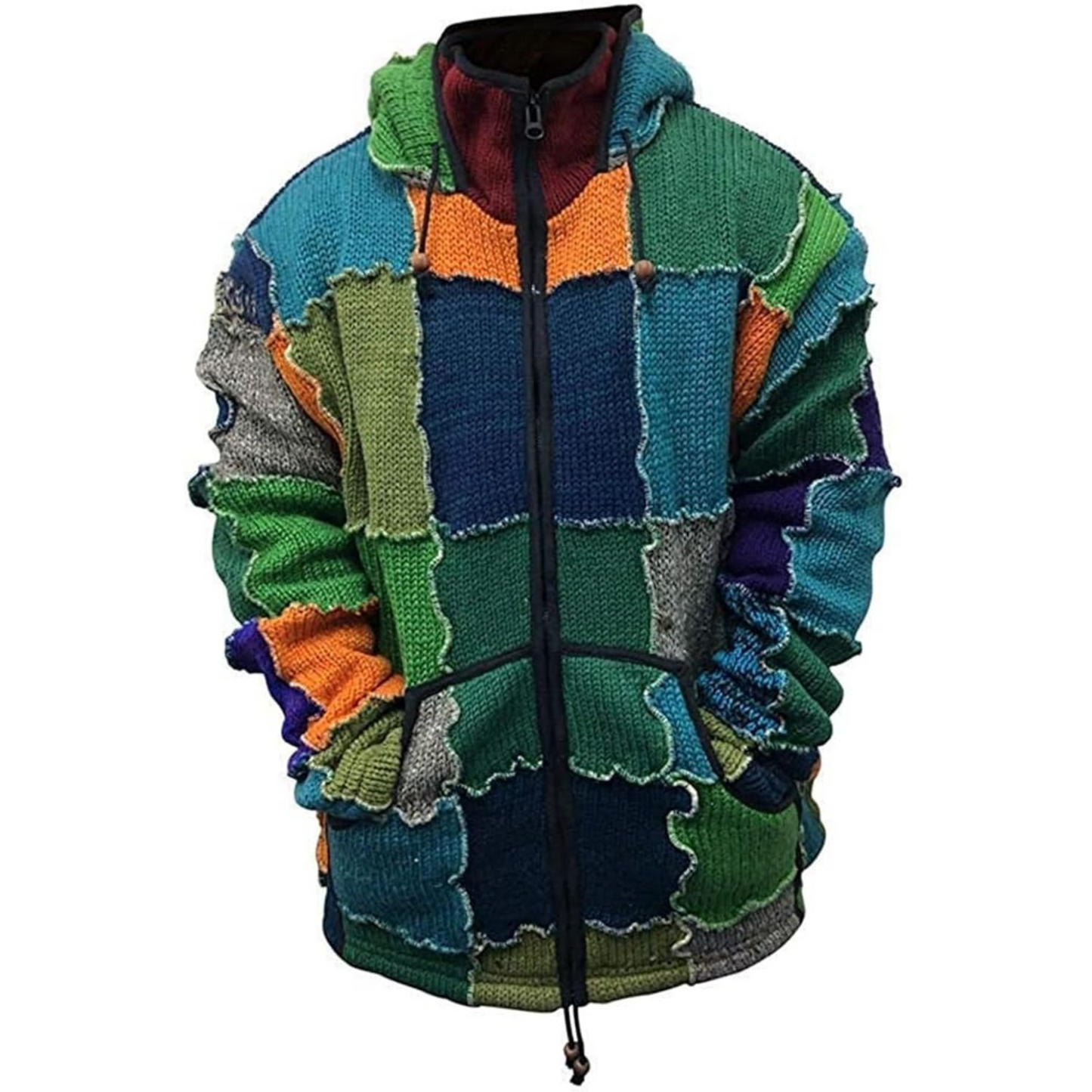 Mens Pixie Wool Hooded Outstich Jacket, Nepalese Hand Made Super Cosy Sweatshirt