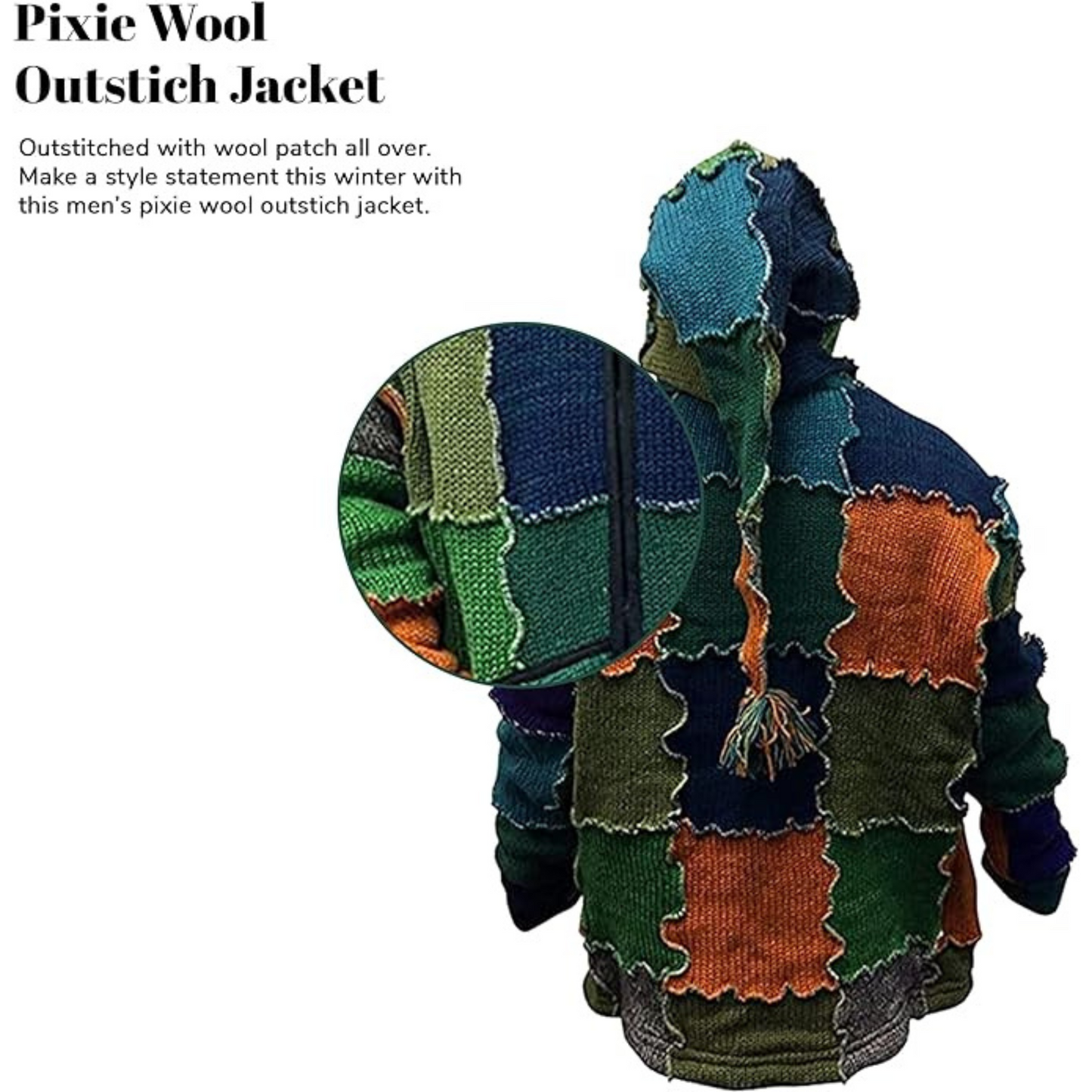 Mens Pixie Wool Hooded Outstich Jacket, Nepalese Hand Made Super Cosy Sweatshirt
