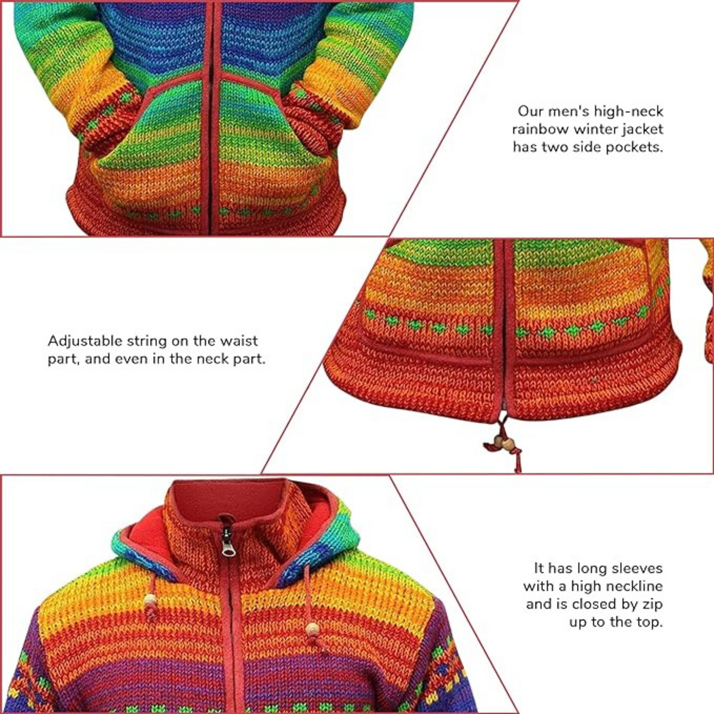 Mens Rainbow Tie Dye High Neck Woollen Winter Jacket