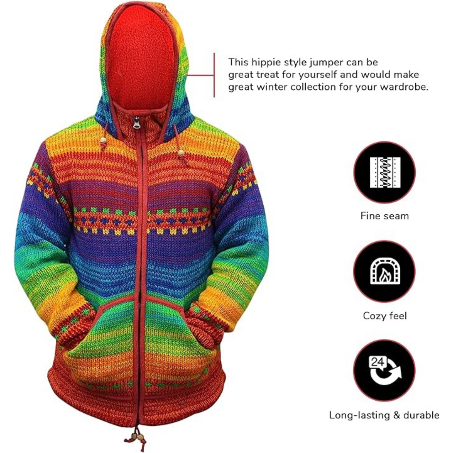 Mens Rainbow Tie Dye High Neck Woollen Winter Jacket