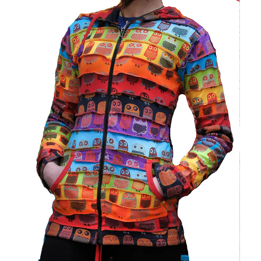 Women Owl Print Pixie Hooded Rainbow Striped Hippie Jacket