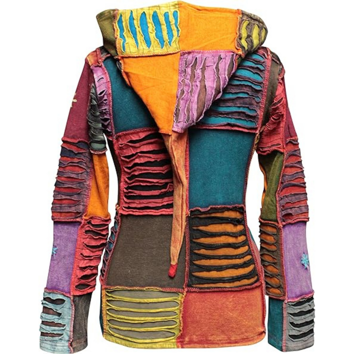 Women's Patchwork Cotton Stonewashed Boho Razor Cut Hippie Zip Up Hoodie Jacket