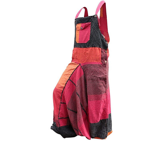 WOMENS STONEWASHED FADED HIPPIE PATCH COLOURFUL DUNGAREES