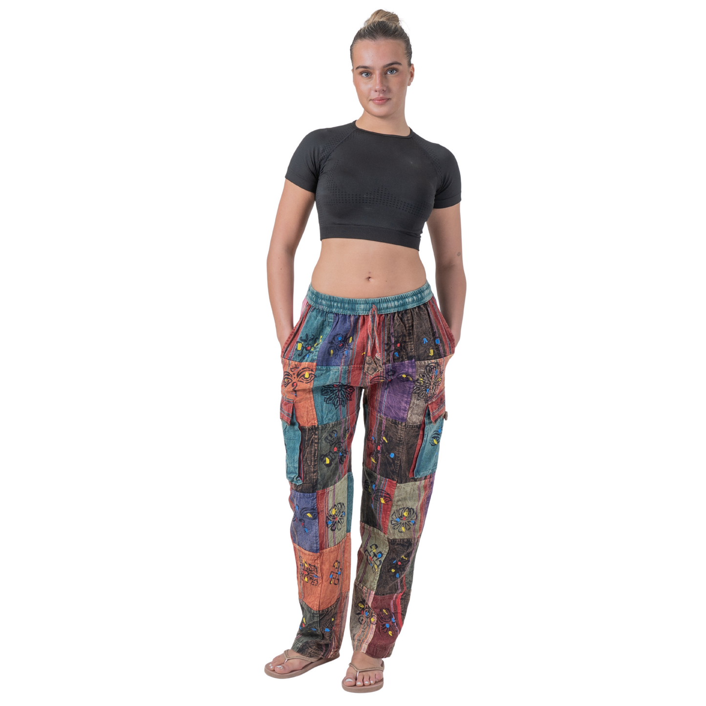 Unisex Hippie Patchwork Cargo Pants Elastic Waist Boho Festival Trousers