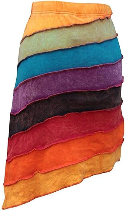 Women Summer Hippie Rainbow Striped Stonewashed Cotton Midi Boho Skirt