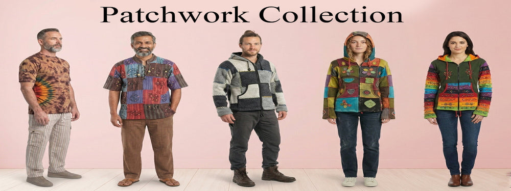 Five people wearing colorful patchwork clothing with a pink background and 'Patchwork Collection' text.